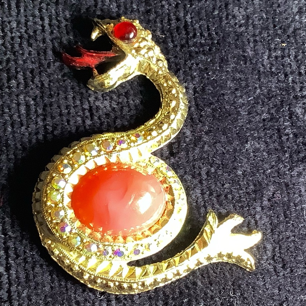 Large Coiled Snake Brooch Gold Tone Rhinestones And Large Coral Colored Stone